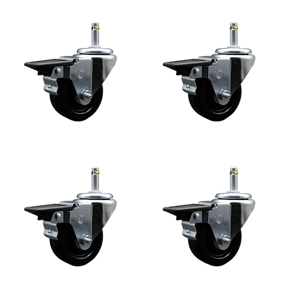 3'' Phenolic Wheel Swivel 7/16'' Grip Ring Stem Caster Set with Brake, 4PK